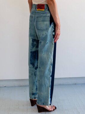 Two-Tone Tie-Dye Wide-Leg Women Jeans - Blue